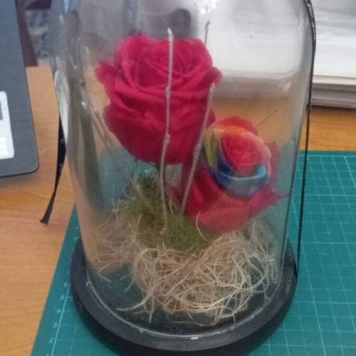 Decorative glass dome with artificial or preserved rose