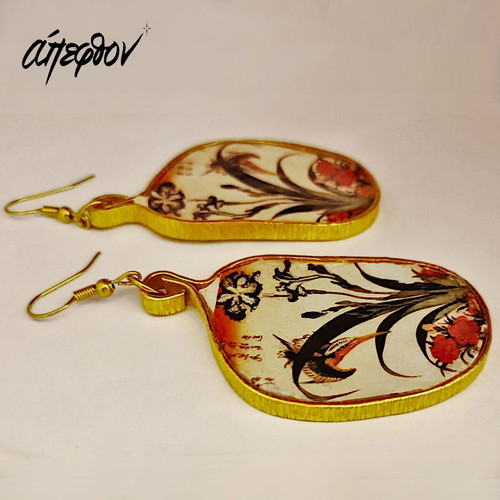 Apefthon earrings with Kingfisher, iris and carnation theme, new, multicolor and gold
