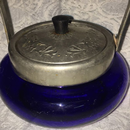 Sugar bowl used blue cobalt vintage with handle and designs