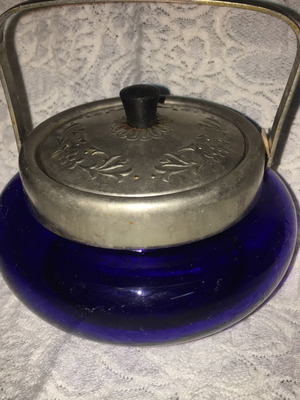 Sugar bowl used blue cobalt vintage with handle and designs