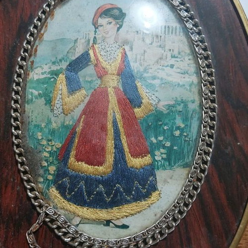 Old lithograph frames with embroidery, pack Evzones and Amalia