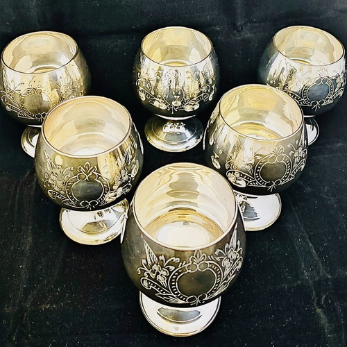 Brandy Goblets vintage set of 6 with handmade floral engravings EPNS