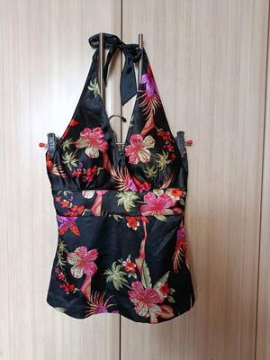 Satin floral top with embroidery and cups used, S/M, multicolor