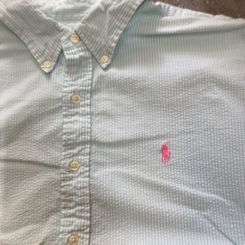 Ralph Lauren Short Sleeve Shirt XL Oxford Light Blue White Pinstripe Pink Logo