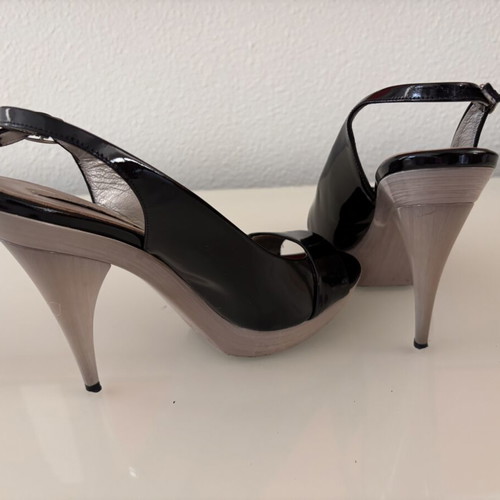 J. Bournazos leather peep-toe slingback sandals used, size 38, black patent