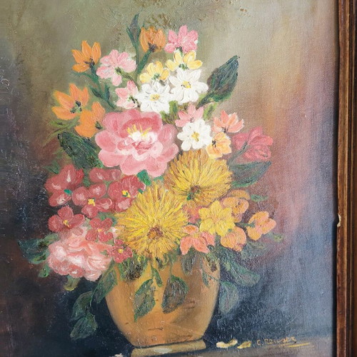 Vintage oil painting on canvas used, vase with colorful bouquet