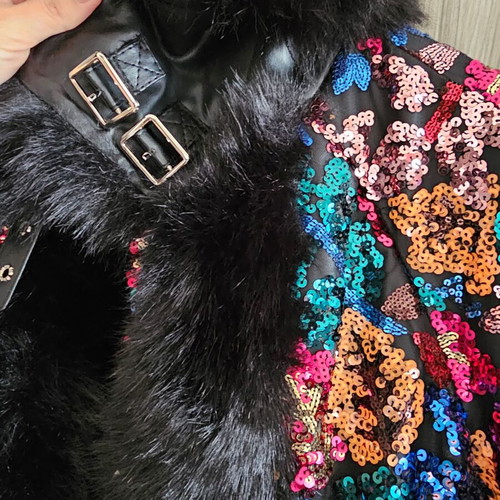 Azaka Fur Outerwear Onesize with Faux Leather and Sequin Embroidery, New