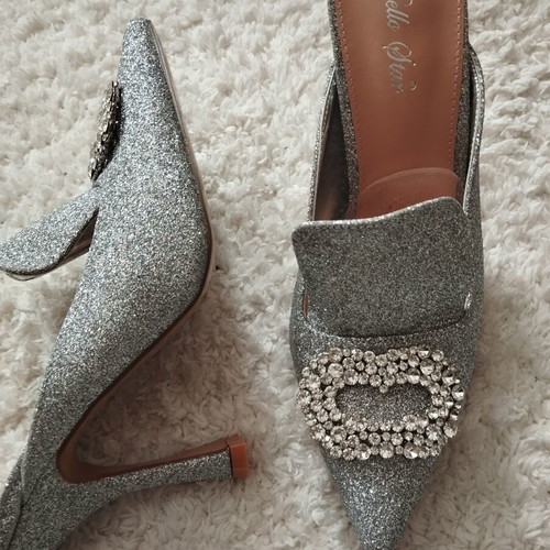Official slippers new, silver with crystals, 8cm heel, size 38
