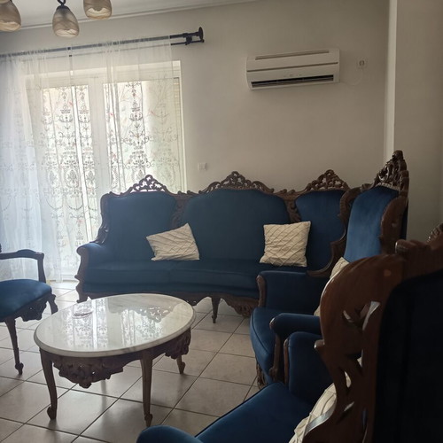 Handmade Victorian-style living room set, six pieces, blue velvet
