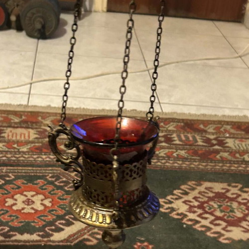 Old Silver-Plated Russian Candle Holder with Red Glass Used