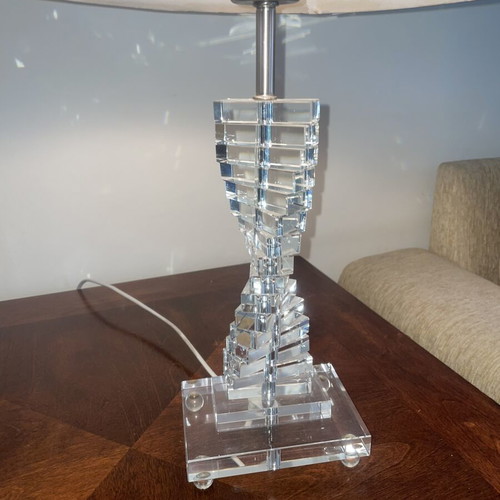 Crystal table lamp like new with satin double-sided shade
