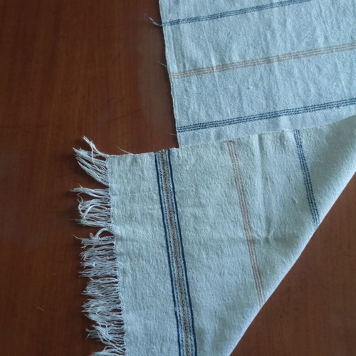 Handwoven cotton table runner new, beige with blue and beige stripes