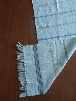 Handwoven cotton table runner new, beige with blue and beige stripes