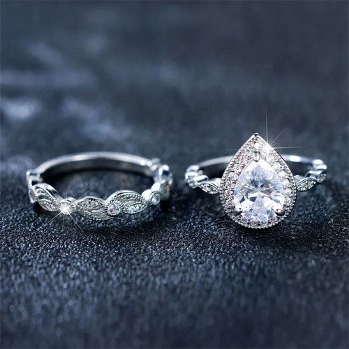 Set of rings tear-shaped solitaire and wedding band platinum plated silver 925 new