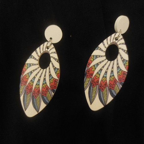 Wooden boho earrings with ethnic design like new, colorful