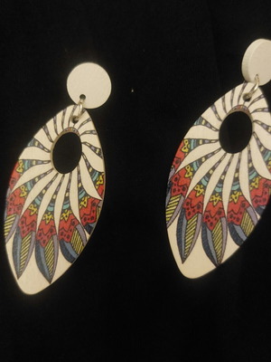 Wooden boho earrings with ethnic design like new, colorful