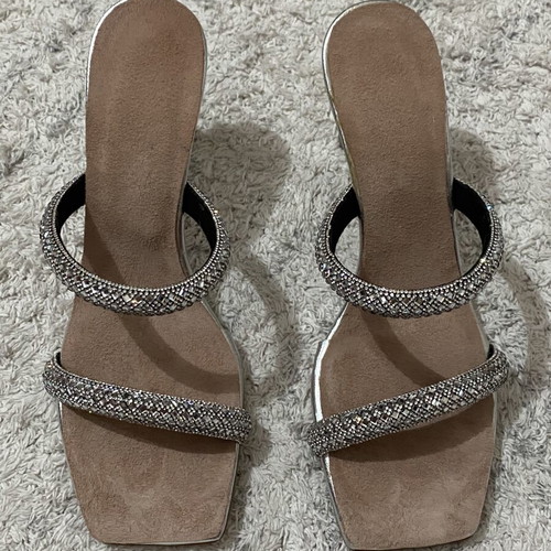 Silver mules size 36 like new with suede insole, 8.5cm heel