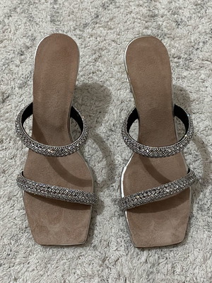 Silver mules size 36 like new with suede insole, 8.5cm heel