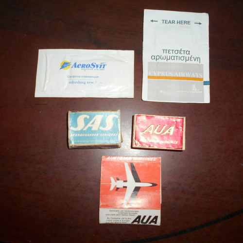 Airplane promotional items used, 3 matchboxes and 2 napkins