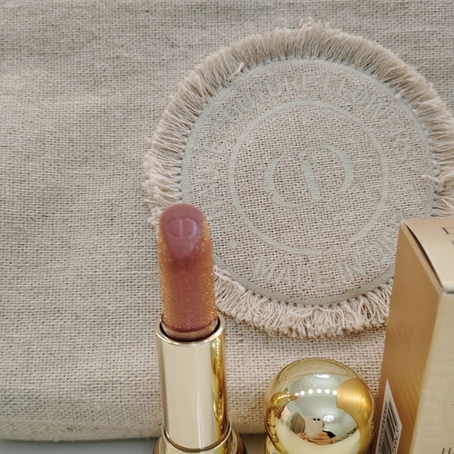 Dior Beauty beach or cosmetics pouch with collectible Diorific Happy 2020 lipstick and Capture Total Cell Energy 15ml
