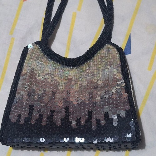 Evening bag with black and silver sequins, hand-stitched handles