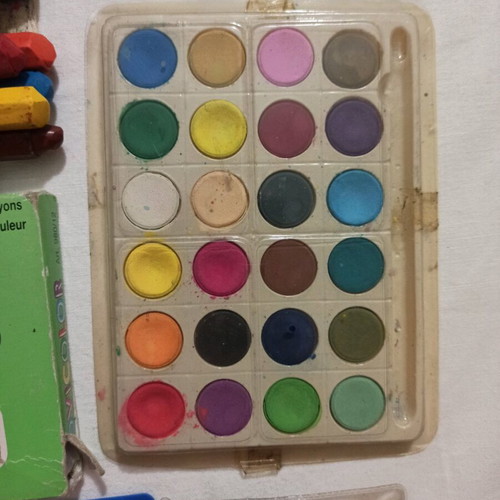 Painting colors used, sets of watercolors and crayons