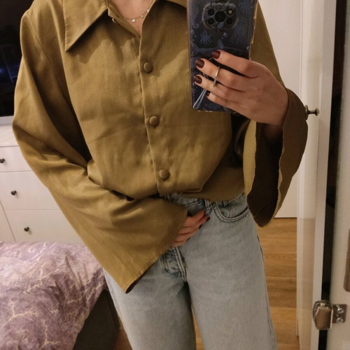 Vintage shirt mustard gold satin fabric with 70's collar used
