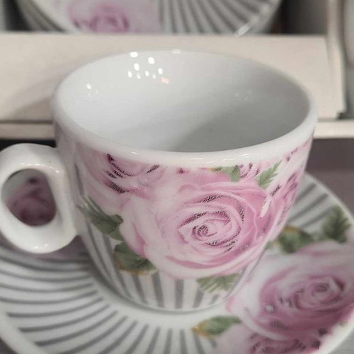 Porcelain coffee cup set 6 pcs with pink roses new