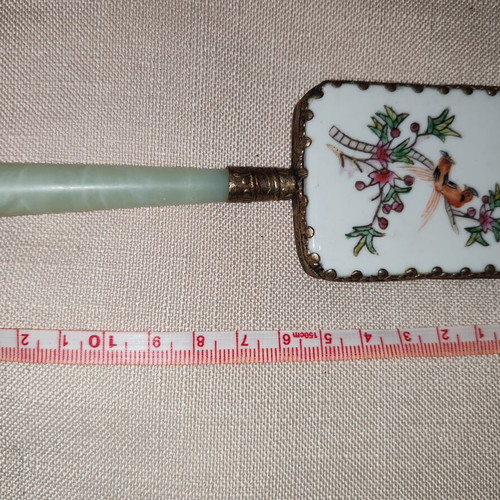 Vintage Chinese Hand Mirror with Jade Handle and Porcelain
