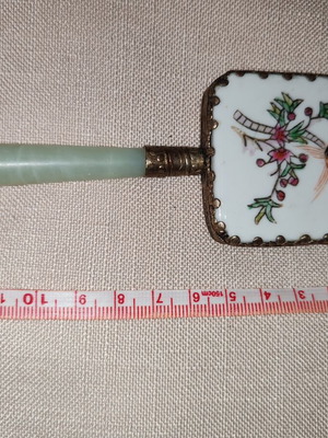 Vintage Chinese Hand Mirror with Jade Handle and Porcelain