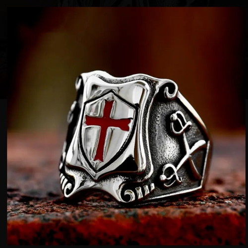 Knights Ring with Shield and Red Medieval Cross new