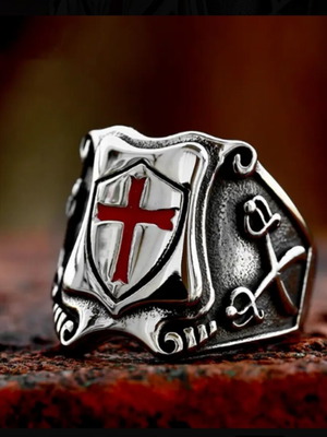 Knights Ring with Shield and Red Medieval Cross new