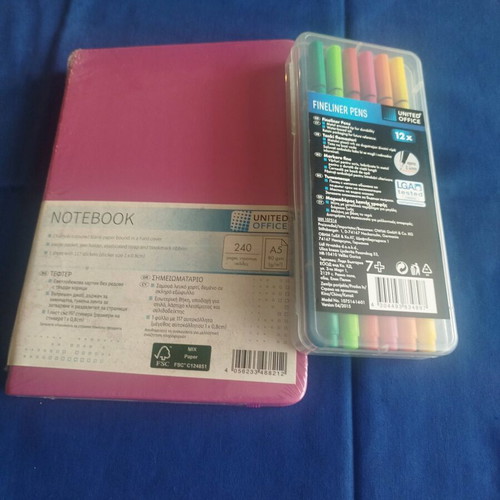 Large pink notebook and United Office fineliner pen set new