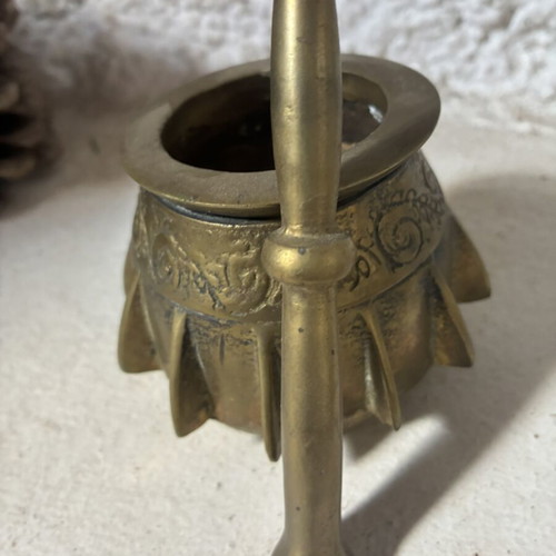 Bronze mortar and pestle used, antique with ribs and engraved design