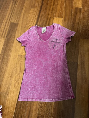 Rib blouse decorated with rhinestones like new, pink, size L
