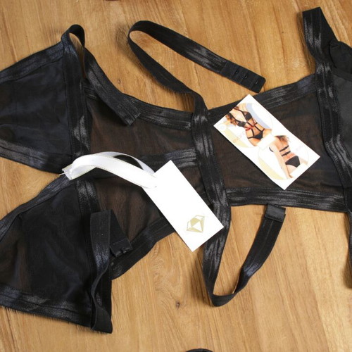 Sexy floral shorts set with transparent fabric and straps, new, black