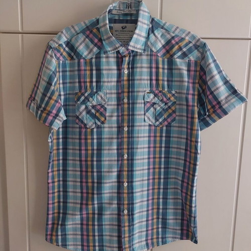 Men's checked shirt with short sleeves used, size Large, turquoise and pink