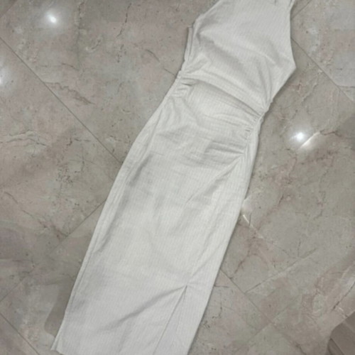 Stradivarius women's elastic dress with slit like new, beige