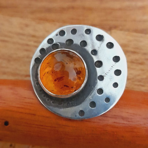 Silver ring with amber 925 handmade adjustable