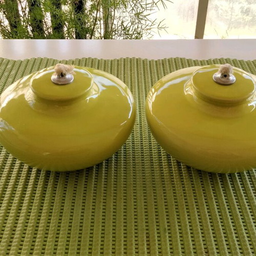 Pair of Handmade Ceramic Oil Lamps, Lime Green