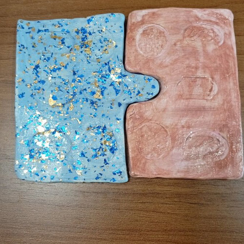 Handmade ceramic puzzle coaster new, gold leaf and blue details