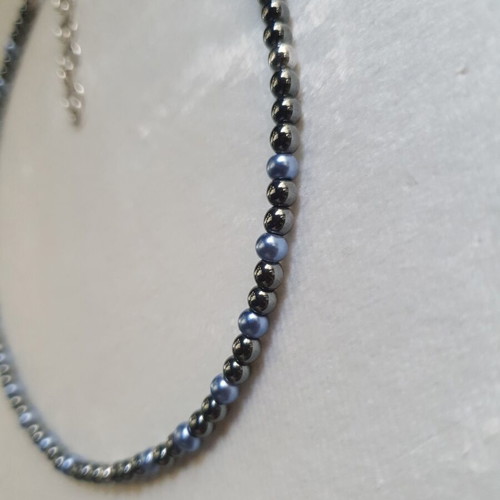 Blue Glass Pearl and Hematite Necklace stainless steel, like new