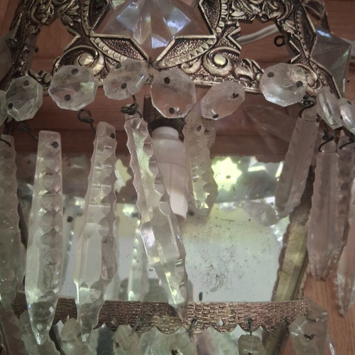 Wall lights set used, vintage brass with crystals, 2 pieces