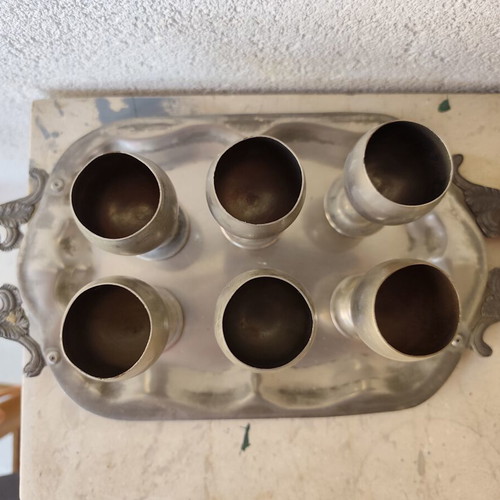 Silver Decorative Tray With 6 Liqueur Glasses Like New