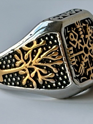 Δαχτυλίδι Vegvisir & Yggdrasil νέο, 316L ανοξείδωτο ατσάλι, μέγεθος US 13