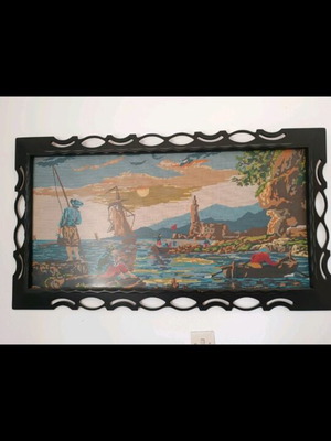 Vintage embroidered wall art The Fisherman used, handmade gobelin 114x60cm with carved frame