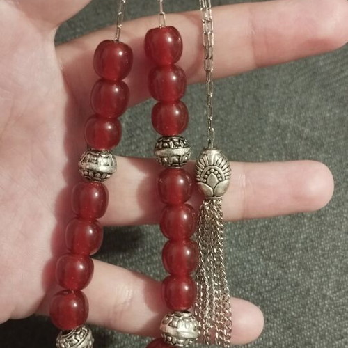 Handmade Komboloi with Red Semi-Precious Stones and Metal Tassel