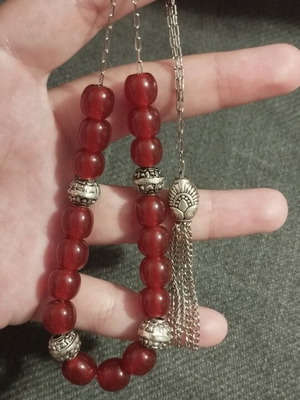 Handmade Komboloi with Red Semi-Precious Stones and Metal Tassel