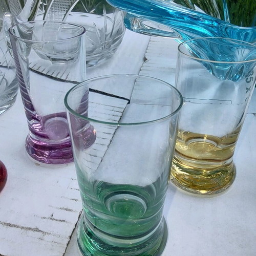 Handmade crystal set like new with 6 colored glasses and 2 pitchers