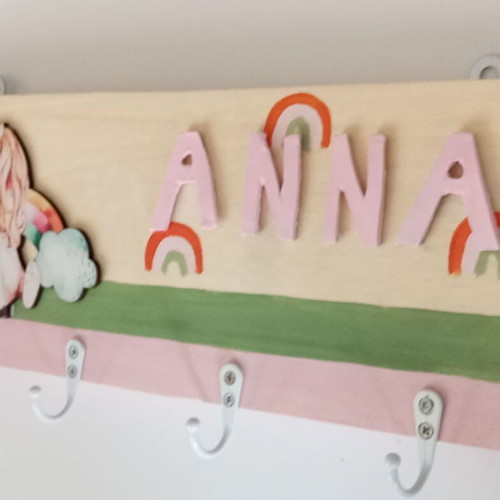 Children's wall hanger unicorn with rainbow in natural wood new